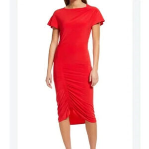 Chelsea28 Midi Ruched Flutter Short Sleeve Dress Size Large Color Red